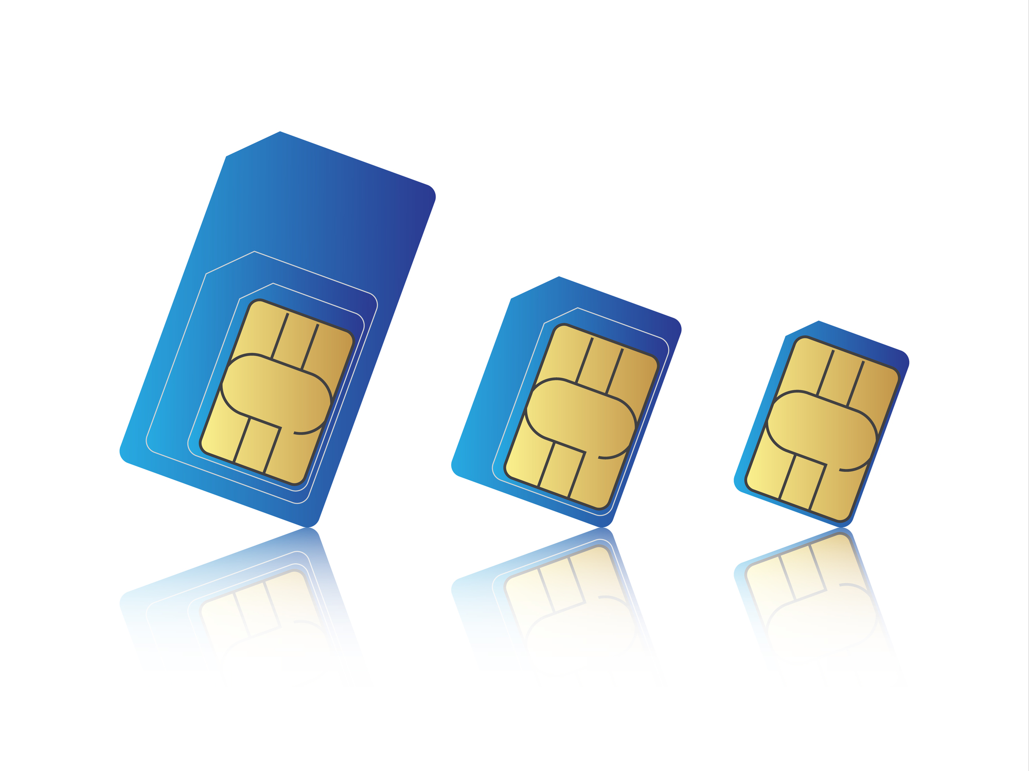 Mobile phone sim card set, standard, micro and nano sim card, vector illustration